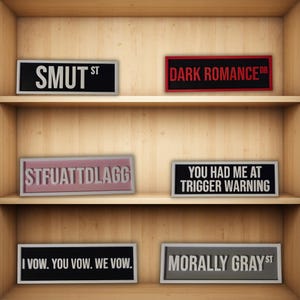 Puede incluir: Una estanter&iacute;a de madera exhibe seis letreros rectangulares con texto. Los letreros tienen varios colores y fuentes. El texto en los letreros incluye "SMUT ST", "DARK ROMANCE DR", "STFUATTDLAGG", "YOU HAD ME AT TRIGGER WARNING", "I VOW. YOU VOW. WE VOW." y "MORALLY GRAY ST".