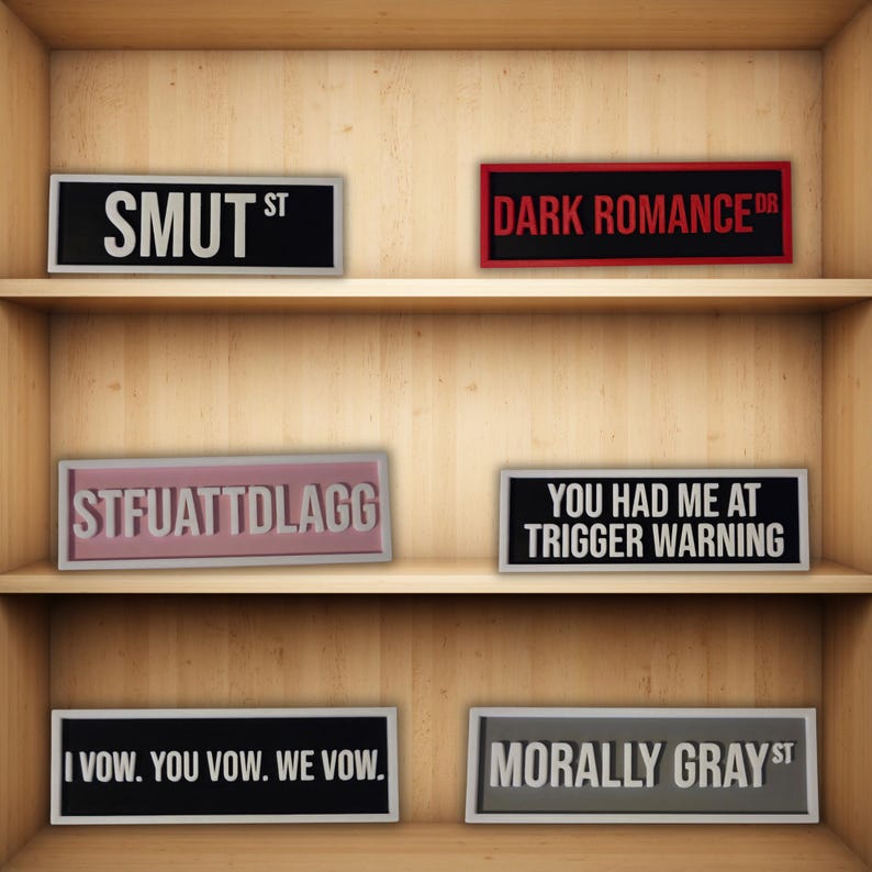 Puede incluir: Una estanter&iacute;a de madera exhibe seis letreros rectangulares con texto. Los letreros tienen varios colores y fuentes. El texto en los letreros incluye "SMUT ST", "DARK ROMANCE DR", "STFUATTDLAGG", "YOU HAD ME AT TRIGGER WARNING", "I VOW. YOU VOW. WE VOW." y "MORALLY GRAY ST".