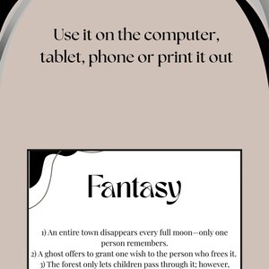 May include: A black and white illustration of a wavy line with the word "Fantasy" in a stylized font. The text below the illustration reads: "1) An entire town disappears every full moon-only one person remembers. 2) A ghost offers to grant one wish to the person who frees it. 3) The forest only lets children pass through it; however, "