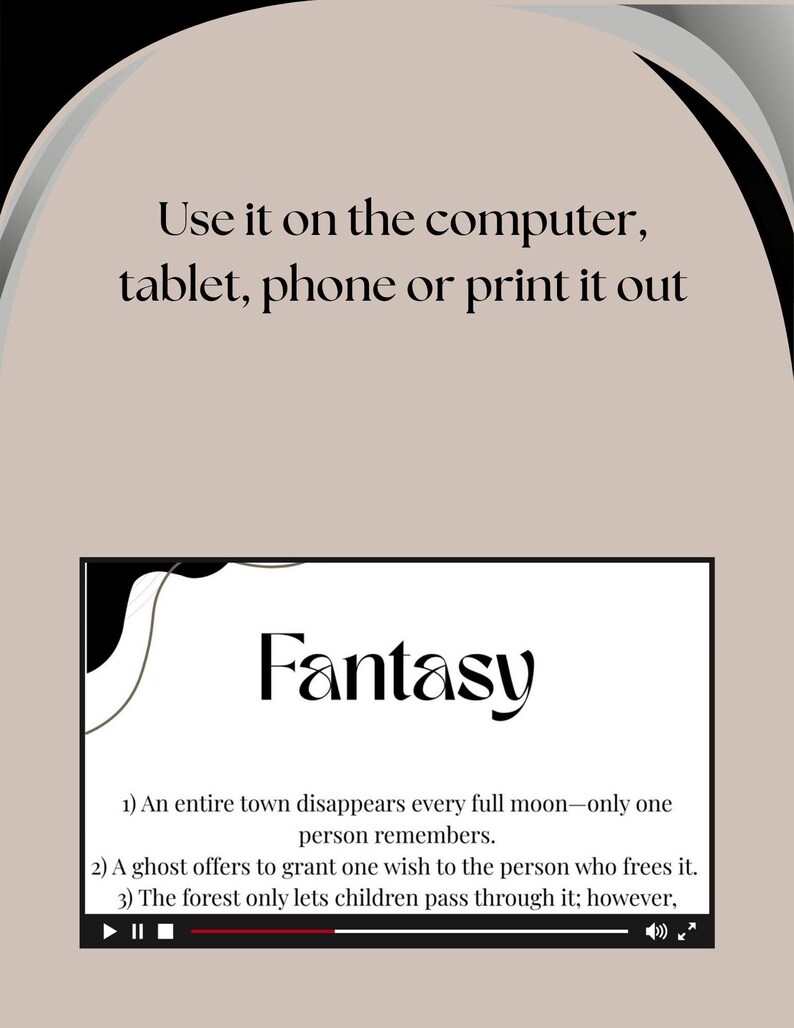 May include: A black and white illustration of a wavy line with the word "Fantasy" in a stylized font. The text below the illustration reads: "1) An entire town disappears every full moon-only one person remembers. 2) A ghost offers to grant one wish to the person who frees it. 3) The forest only lets children pass through it; however, "