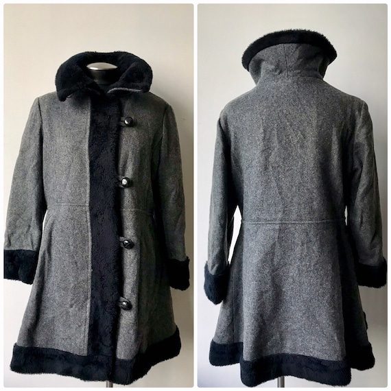 Vtg 60s 70s Women’s Grey Wool Valor Black Faux fur