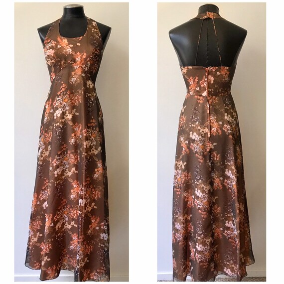 1970s Women’s Vintage Brown Floral Open Back Maxi