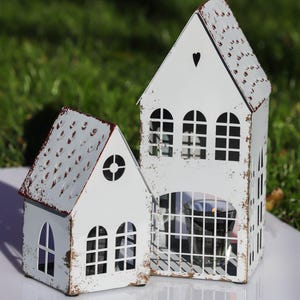 Handmade Metal Garden House Lantern: Antique White Candle Holder.