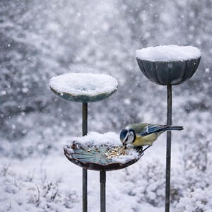 以下が含まれることがあります： 雪の中で、青と黄色の鳥が餌台で食事をしています。餌台は3段の金属製で、ボウルには雪が積もっています。背景は雪景色でぼやけています。