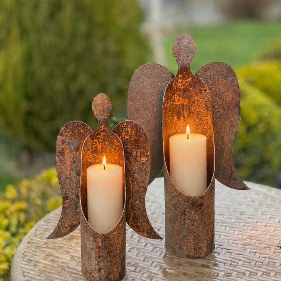 Rustikales Metall Engel Kerzenhalter Set, Garten Decor