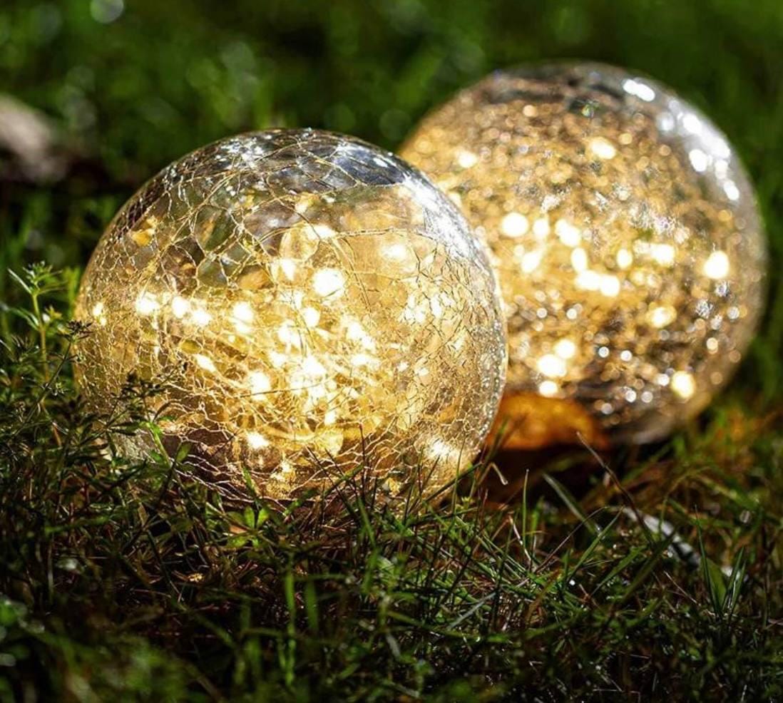 10-Inch Solar Gazing Ball - White Swirl Glass Garden Orb With Night Lights