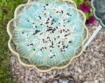 Rustic Ceramic Bird Feeder and Bath on Metal Stand, Garden Yard Decor, Handmade