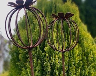 Paletto da giardino in metallo arrugginito a forma di papavero, decorazione da fattoria, arte in metallo
