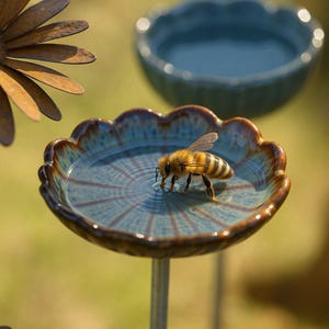 Bird Feeder and Waterer | 2-in-1 Garden Bird Station | Handmade Ceramic & Metal Feeder | Outdoor Garden Decor