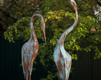Set of 2 Metal Heron Garden Sculptures,Handmade Garden Art Decor