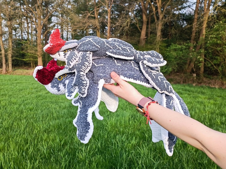 May include: A handmade crochet creature in shades of gray, white, and red. The plush toy has a detailed design with wings and a headpiece. The toy is held in front of a green grassy field and trees.
