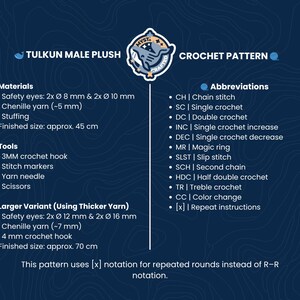 May include: A blue and white crochet pattern guide for a Tulkun Male Plush. The guide lists materials, tools, and abbreviations. Finished size is approximately 45 cm. A larger variant is also detailed, with a finished size of approximately 70 cm.