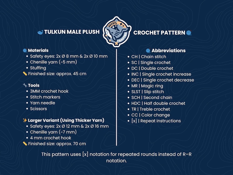 May include: A blue and white crochet pattern guide for a Tulkun Male Plush. The guide lists materials, tools, and abbreviations. Finished size is approximately 45 cm. A larger variant is also detailed, with a finished size of approximately 70 cm.