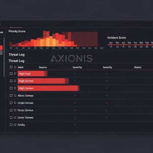 May include: A dark-themed user interface displays threat triage data. The interface includes a priority score graph, incident scores, and a threat log with severity and status indicators. The AXIONIS logo is visible.