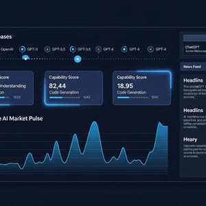 May include: A dark blue digital interface displays data visualizations and text. The interface includes sections for model releases, capability scores, and a generative AI market pulse graph. Text includes "ChatGPT" and "AXIONIS".