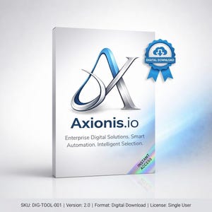 Op de afbeelding: Een witte softwarebox met het logo "Axionis.io" in blauw en zilver. De box heeft een "Digitale Download" badge en de tekst "Enterprise Digital Solutions. Smart Automation. Intelligent Selection." Een "Directe Toegang" sticker is zichtbaar.