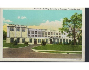 Cartão-postal antigo do prédio de engenharia da Universidade do Arkansas em Fayetteville, AR