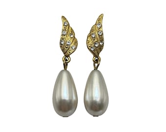 Vintage Gold Tone Wing Rhinestone Faux Pearl Teardrop Dangle Post Earrings
