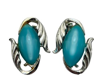 Vintage Silver Tone Turquoise Blue Marquise Cabochon Leaf Clip On Earrings