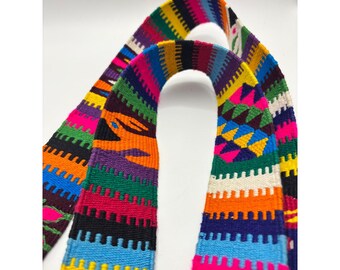 Guatemalan Handwoven Rainbow Sash Faja Belt Mayan Textile Pom‎ Pom Tassels guatemalan belt, hatband aguacatan belt, guatemalan hair tie  main image 3