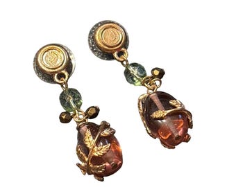 VTG Dangle Drop Earrings Gold Leaf Wrapped Reddish Purple Bead Green Accent
