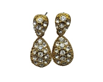 Vintage 80s Gold Pavé Rhinestone Teardrop Drop Dangle Earrings Sparkly