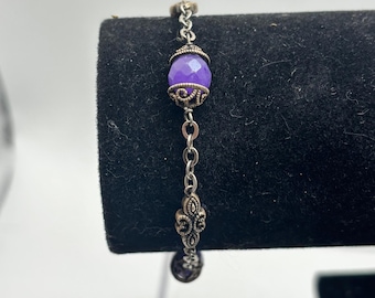 Vintage MCM Sterling 925 Purple Amethyst Bead Filigree Bracelet Silver 7"