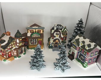 Vtg Hand-Painted Christmas Village Set Glass Windows Post Office School Coffee
