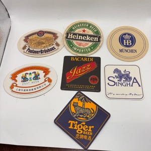 Vintage Beer Coaster Lot 7pc Heineken Paulaner HB Tiger Singha Bacardi Shanghai image 1