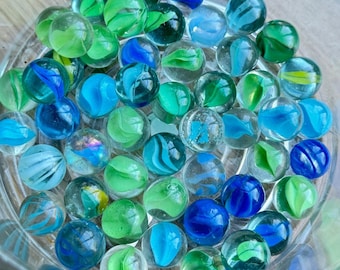 50 Count Blue Green Cats Eye Marbles Vintage Modern Glass Crafting Lot
