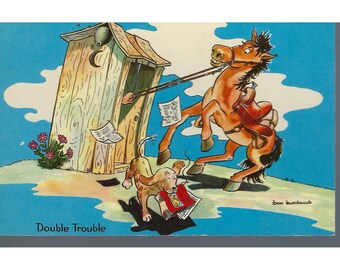 Cartão postal cômico vintage Double Trouble Outhouse Horse Dog HSC-32 Mirro Krome Card