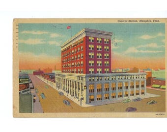 Vintage Memphis TN Central Station Postcard Linen Era Railroad Building USA