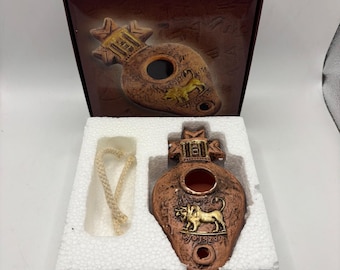 Lion of Judah Terracotta Oil Lamp Replica Biblical Temple Design with Wick Box