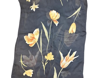 Vintage Ann Taylor Silk Scarf Black Tulips Floral Print 90s Designer 40x15