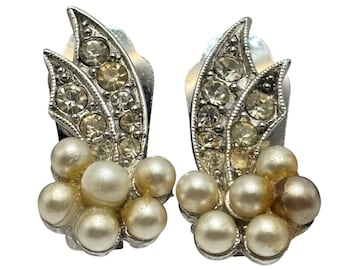 Vintage MCM Richelieu Rhinestone Faux Pearl Cluster Clip Earrings Silver