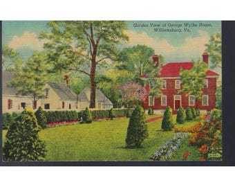 Cartão-postal vintage com vista do jardim da casa de George Wythe em Williamsburg, Virgínia.