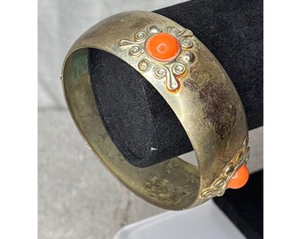 Vintage Silver Bangle Bracelet Orange Cabochons Ornate Floral Boho Jewelry