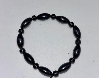 Vintage Magnetic Hematite Stretch Bracelet Black Oval Rice Beads Unisex 8"
