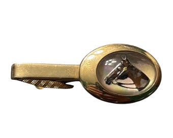 VTG Barra de clip de corbata de caballo de nácar en tono dorado Joyería ecuestre Accesorio para hombres