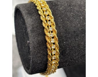 VTG Gold Tone Small Rope Link Chain Statement Bracelet Sparkling Crystal Clasp