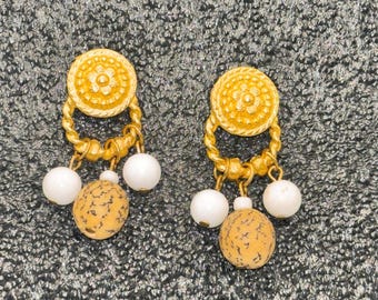 Vintage Gold Tone Beaded Medallion Drop Earrings 1980s Textured Coin Beads