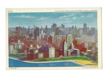 Cartão-postal vintage da Lake Shore Drive, Oak Street Beach, Chicago, vista aérea, década de 1950.