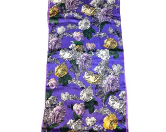 Vintage Adrienne Vittadini Silk Scarf Purple Floral Roses 90s Designer 64x15
