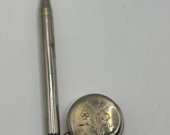 Antique Chatelaine Retractable Brooch Mechanical Pencil Floral Engraved Silver