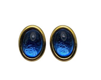 Vintage Monet Blue Glass Cabochon Dome Clip On Earrings Gold Tone Designer