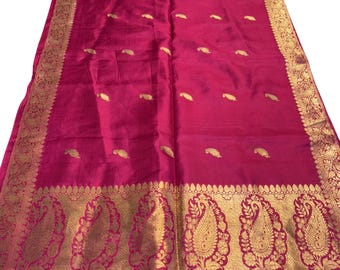 Magenta Pink Silk Gold Metallic Paisley Indian Shawl Wrap Scarf Fringe India