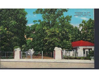 Cartão-postal vintage de 1950 da entrada do Zoológico de Memphis, Overton Park, Tennessee. Cartão-postal de linho.