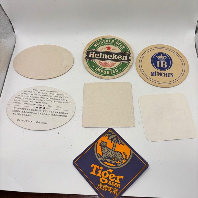 Vintage Beer Coaster Lot 7pc Heineken Paulaner HB Singha Tiger Bacardi Barware image 2