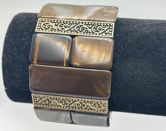 Vintage Chunky Brown Lucite Stretch Bracelet Gold Tone Filigree Beaded Jewelry