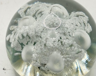 Vintage Art Glass Paperweight White Controlled Bubble Spatter Clear 2.5 inch